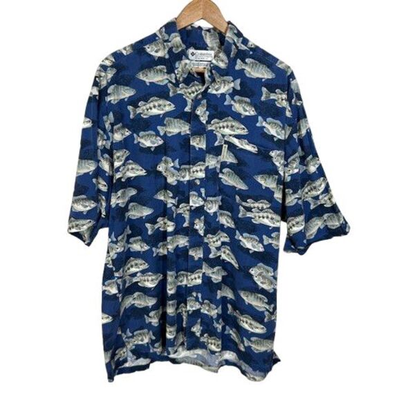 Columbia Other - VTG 90s Columbia Fish Print Button Down Shirt Mens XL Blue 100% Cotton Blend